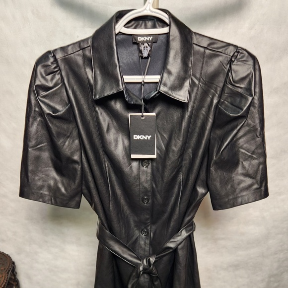 NWT DKNY Faux Leather Dress with Puffed Sleeves - Picture 1 of 12